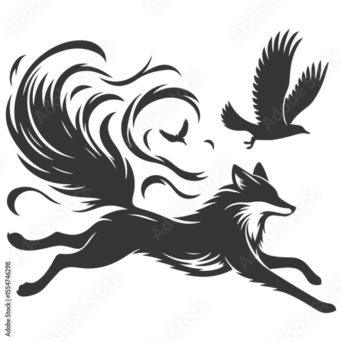 Black vector silhouette of leaping fox for woodland wildlife clipart and fast predator art