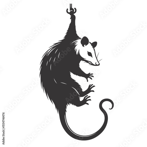 Vector illustration of hanging opossum silhouette for nocturnal wildlife art and unique animal nature graphics