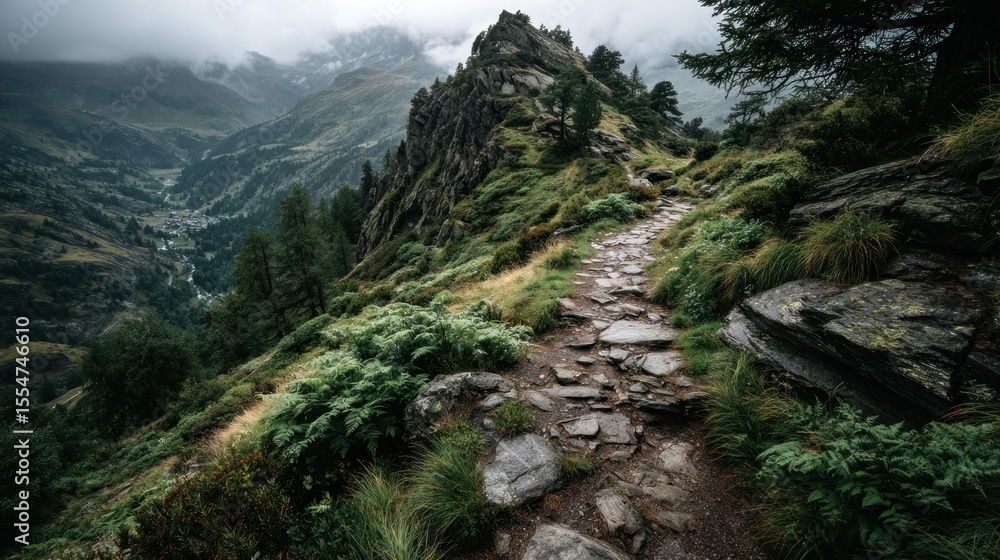Hiking trail winds up a mountain ridge, amidst lush greenery and grey rocks, with misty valley below Hiking trail winds up a mountain ridge, amidst lush greenery and grey rocks, with misty valley below