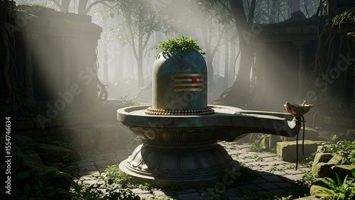 A Shiva Linga crafted from bronze in a temple courtyard in a dense, misty rainforest at dawn