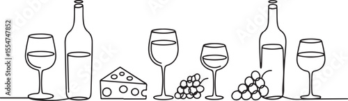 Minimalist line art of wine bottles glasses cheese and grapes on a white background