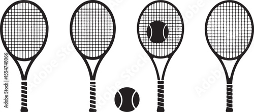 Four tennis rackets and two tennis balls in black and white silhouette style