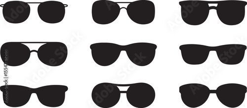 Collection of nine black silhouette icons representing different styles of sunglasses