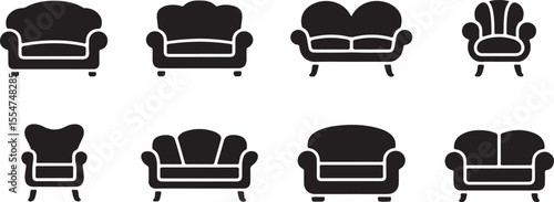 Collection of eight diverse black sofa and armchair icons on a white background