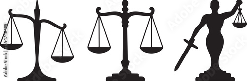 Three silhouette icons representing justice scales and lady justice holding sword
