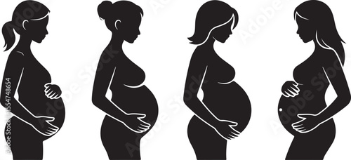 Four black silhouette pregnant women side profile with different hairstyles