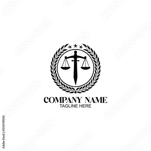 Symbol of Justice: An illustrative emblem of justice features a balanced scale within a wreath of leaves and stars, representing fairness, legal practice, and law.