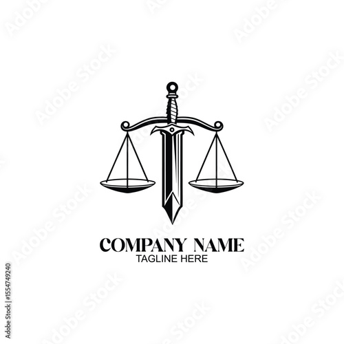 Justice Symbol: A striking logo embodies the essence of justice, featuring a sword piercing a balanced scale in a bold, minimalist style, representing fairness and legal authority.