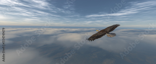 A majestic eagle soaring high in the sky, with its wings spread wide and eyes focused ahead