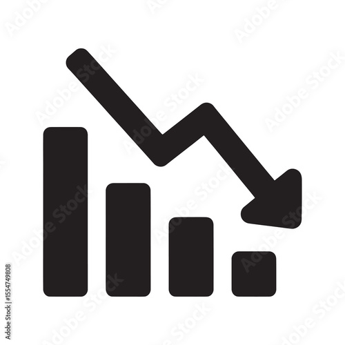 Financial loss icon with a descending bar chart and arrow representing recession business failure stock market crash and economic decrease vector solid glyph icon