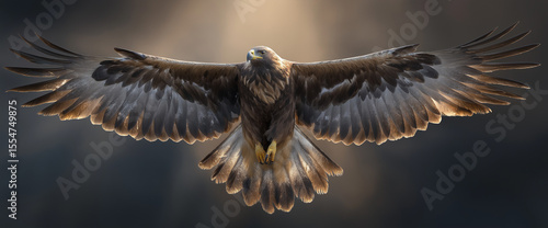 A majestic eagle soaring high in the sky, with its wings spread wide and eyes focused ahead