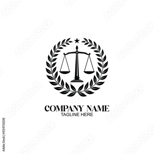 Law Firm Logo Design: Elegant scales of justice emblem encircled by a laurel wreath, signifying fairness, balance, and legal expertise. The design is suitable for law firms, legal professionals.