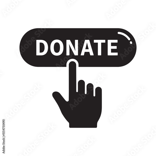Online donation button icon with a hand cursor clicking to give money for a charity fundraising appeal representing a web contribution call to action vector solid glyph icon