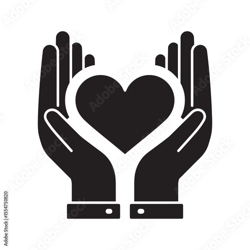 Charity care icon with hands holding a heart representing donation support protection and giving love through kindness and community volunteering vector solid glyph icon