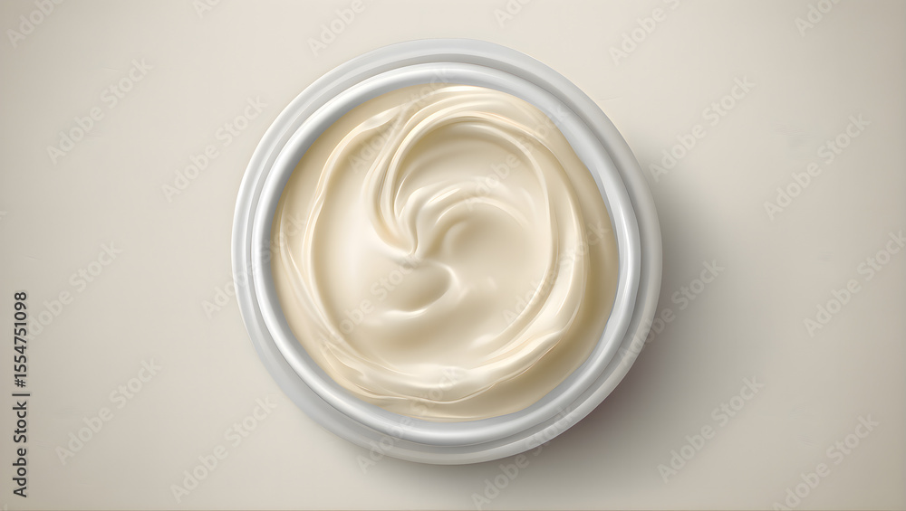 Bowl filled with whipped cream placed on a clean white surface in a minimal and soft food presentation Bowl filled with whipped cream placed on a clean white surface in a minimal and soft food presentation