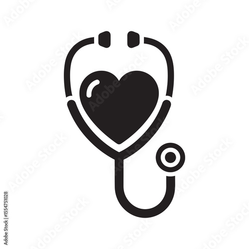 Healthcare stethoscope icon with a heart shape representing cardiology medical checkup and health insurance from a doctor for professional care vector solid glyph icon