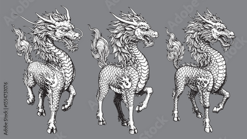 Kirin vintage engraving symbolizes peace prosperity and celestial good fortune in Chinese folklore