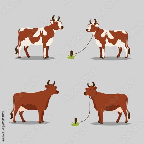 Cow Character Design Flat Farm Animal Vector Art