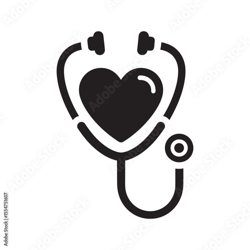Healthcare stethoscope icon with a heart shape representing cardiology medical checkup and health insurance from a doctor for professional care vector solid glyph icon