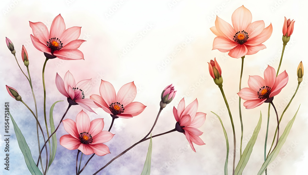 Fototapeta premium Delicate Pink Flowers Watercolor Painting Style