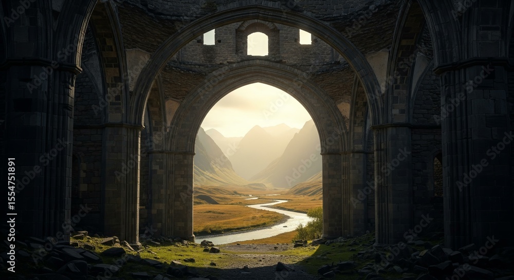 Fototapeta premium A photorealistic painting of the mythological realm of Asgard, with a shining city and the Bifrost bridge flowing into cosmic clouds.