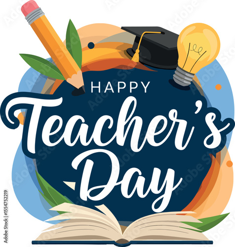 Happy Teacher's Day Greeting Card Design with School Icons - Printable Educator Appreciation Art.