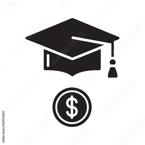 Education fund scholarship icon with a graduation cap and money coin for student loan tuition and investment in academic college learning vector solid glyph icon