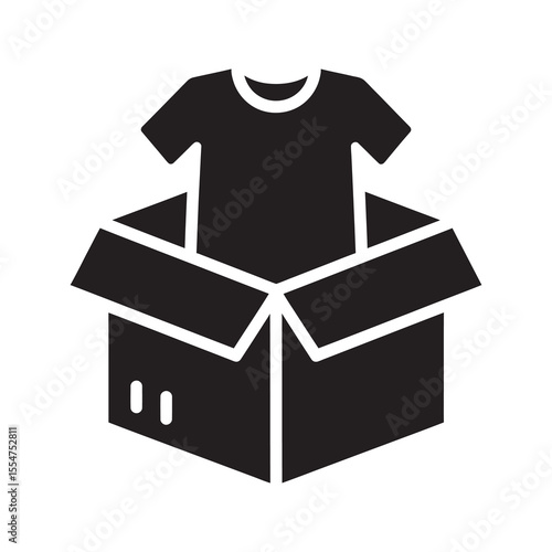 Clothing donation icon with a shirt in a box for charity representing second hand apparel gift for community support and humanitarian aid vector solid glyph icon