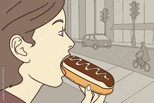 Close-up of person eating chocolate éclair with city street in background
