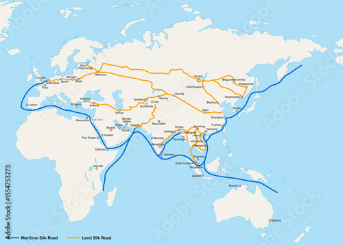 New Silk Road, map of the Belt and Road Economic Corridor and its pathway cities. The Belt and Road Initiative, a global infrastructure development strategy adopted by the government of China in 2013.