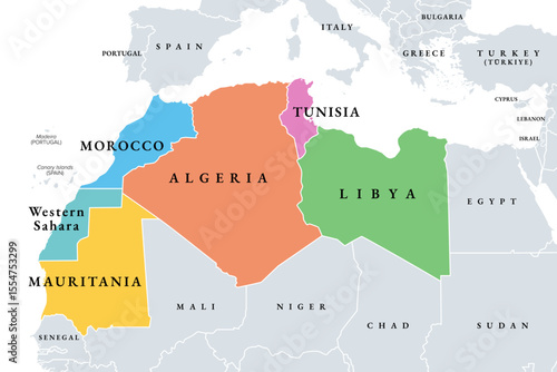 Maghreb, multi colored political map. Also known as Arab Maghreb, and Northwest Africa, a region including Algeria, Libya, Mauritania, Morocco, Tunisia, and the disputed territory of Western Sahara.