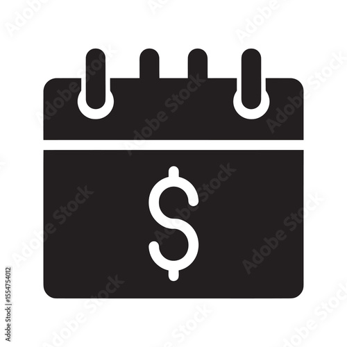 Financial planning icon with a calendar and dollar symbol for a payment schedule deadline subscription or regular donation management plan vector solid glyph icon