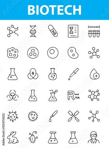 Biotech Line Icons, DNA, Microscope, Gene Editing, Test Tubes, Lab Equipment, Molecular Structure, Bioengineering, and More , Editable Formats: AI, EPS, JPG, PNG , Ideal for Both Digital and Print Use