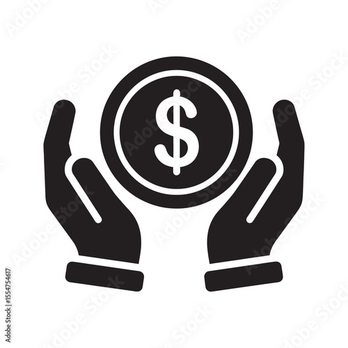 Money saving icon with hands holding a dollar coin for financial protection wealth management careful investment and secure charity donation vector solid glyph icon