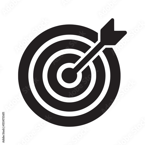 Business target icon with an arrow in the bullseye of a dartboard representing financial goal investment objective and marketing success achievement vector solid glyph icon