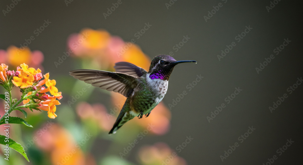 Fototapeta premium Costas Hummingbird in Flight with Purple Gorget and Extended Wings.