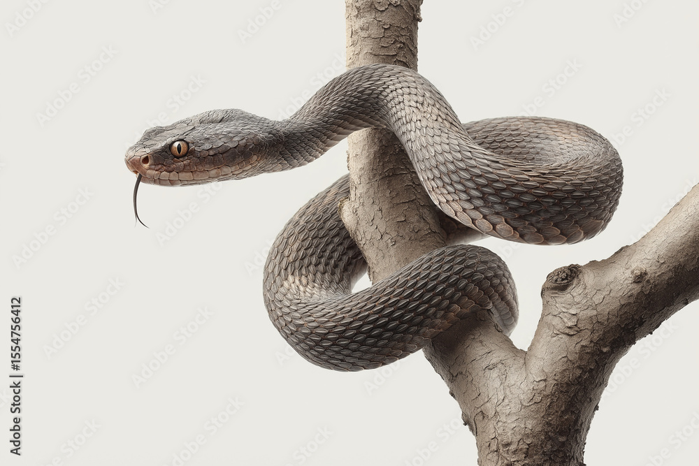 Obraz premium A multi color snake, around a tree branch with its tongue
