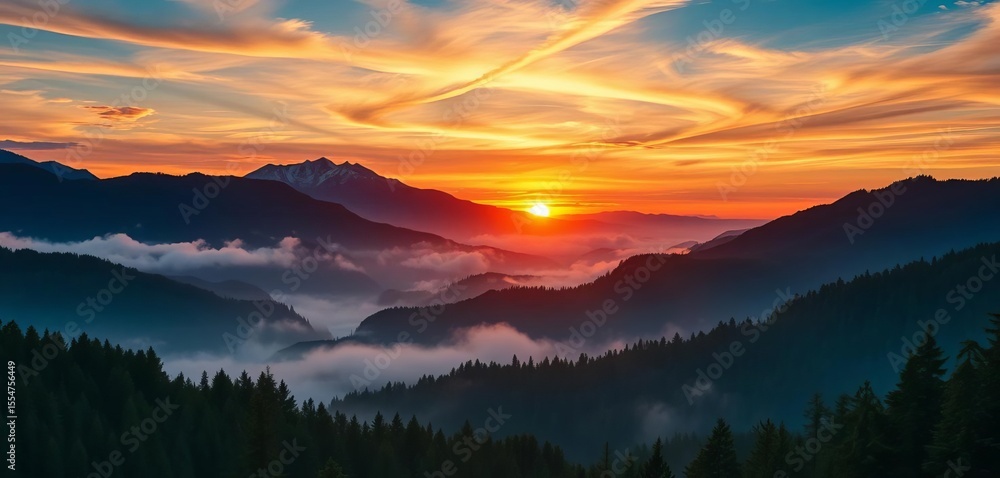 Obraz premium Majestic sunrise/sunset over misty mountain range, lush forest, vibrant colors, woods, scenery