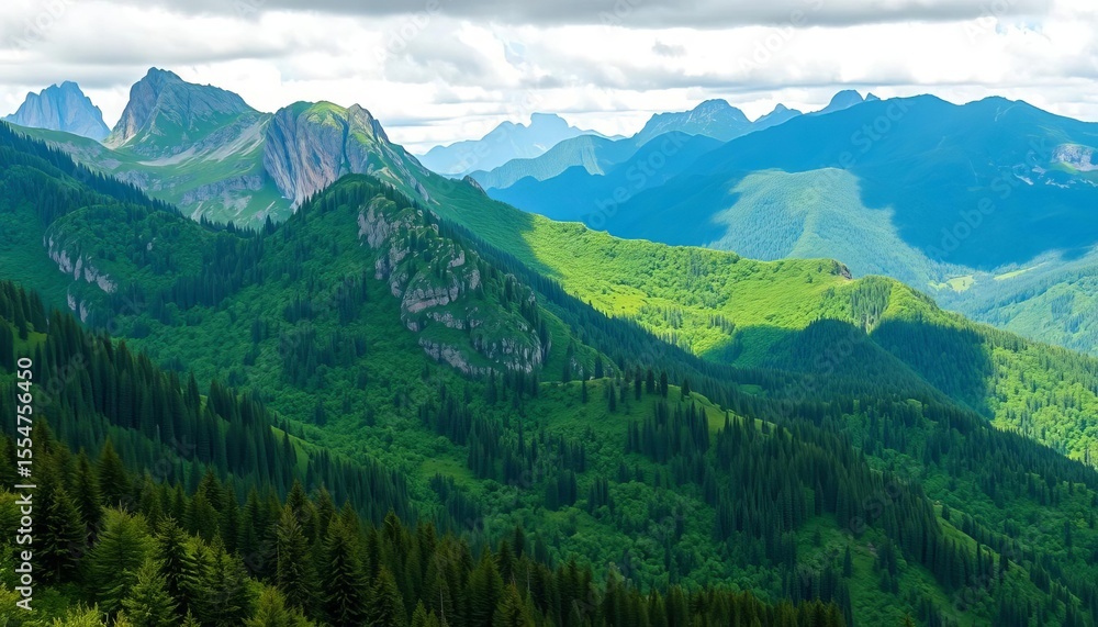 Fototapeta premium Majestic mountain range with lush green forest, perfect for wallpaper or tourism designs, woodland, illustration