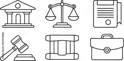 Legal and Justice Editable Vector Icons Including Gavel Scales Courthouse Legal Document Lawyer Briefcase and Contract