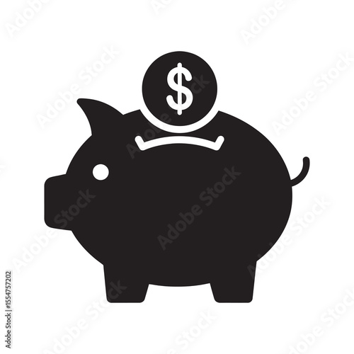 Piggy bank saving icon with a coin being inserted for personal finance management representing thrift investment and building a future budget vector solid glyph icon