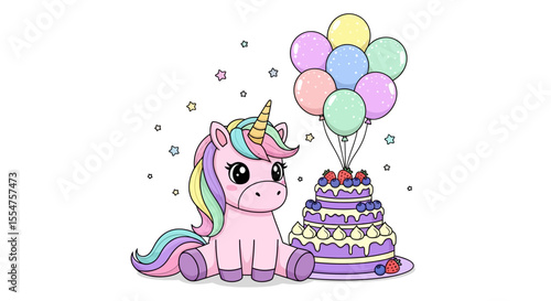 Adorable Pink Unicorn with Rainbow Mane Sitting Beside a Three-Layered Birthday Cake and Pastel Balloons
