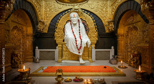 Ornate Sai Baba Temple Interior with Gilded Statue and Devotional Offerings