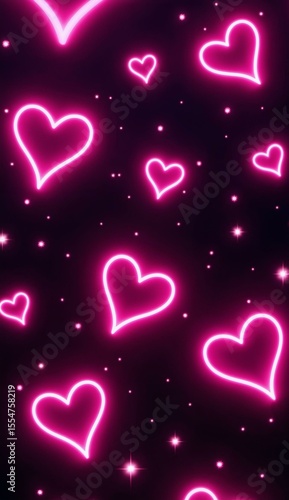 Neon Pink Hearts on Dark Background with Sparkling Stars