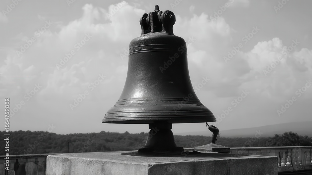 Obraz premium Large, antique bell on a pedestal against a sky.