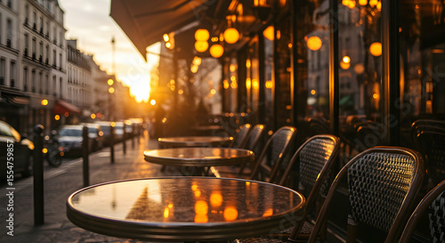 Fototapeta Naklejka Na Ścianę i Meble -  Parisian Cafe Sunset Golden Hour Romantic City Street Tables Chairs Evening Ambiance Cozy Atmosphere French Bistro Dinner Date Outdoor Seating Warm Light
