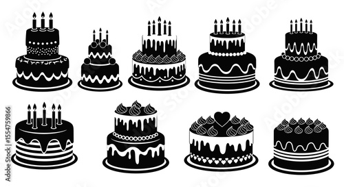 Collection of Eight Black and White Birthday Cakes with Candles