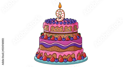 Colorful Three-Tiered Birthday Cake with Number Nine Candle
