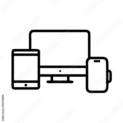 Modern digital devices including a computer monitor and two smartphones shown as a line art icon