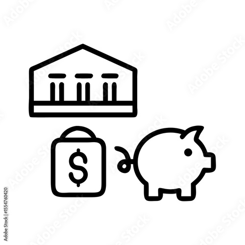 Financial concept with bank building shopping bag with dollar sign and piggy bank